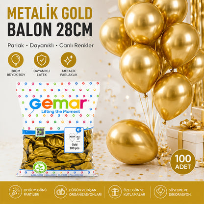 GM-110-39 METALİK - ALTIN BALON 11'' - 28CM - 100 PARÇA (5643)