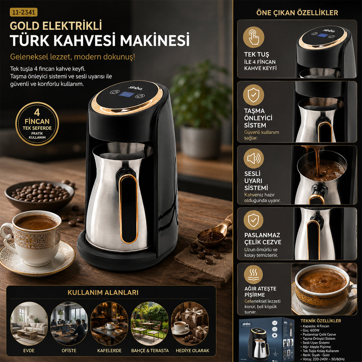 GOLD ELEKTRİKLİ TÜRK KAHVESİ MAKİNESİ 4 FİNCAN SESLİ UYARI - TAŞMA ÖNLEYİCİ SİSTEM SCM-2984 (5643)