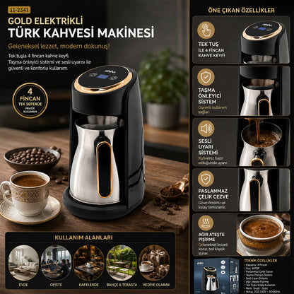 GOLD ELEKTRİKLİ TÜRK KAHVESİ MAKİNESİ 4 FİNCAN SESLİ UYARI - TAŞMA ÖNLEYİCİ SİSTEM SCM-2984 (5643)