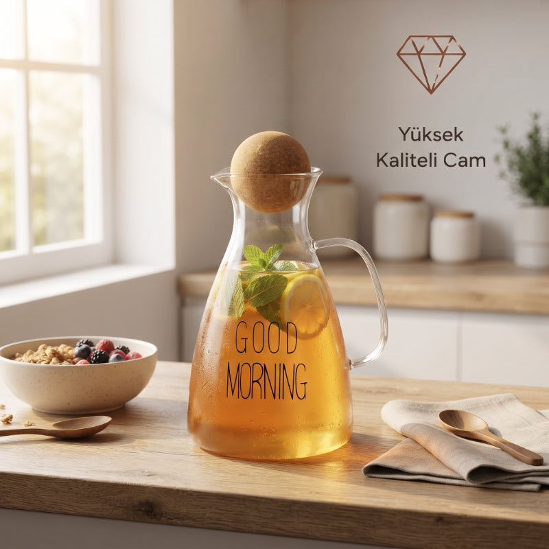 Yuvarlak Mantar Kapaklı Sürahi - 1500 ml - Yüksek Kaliteli Cam