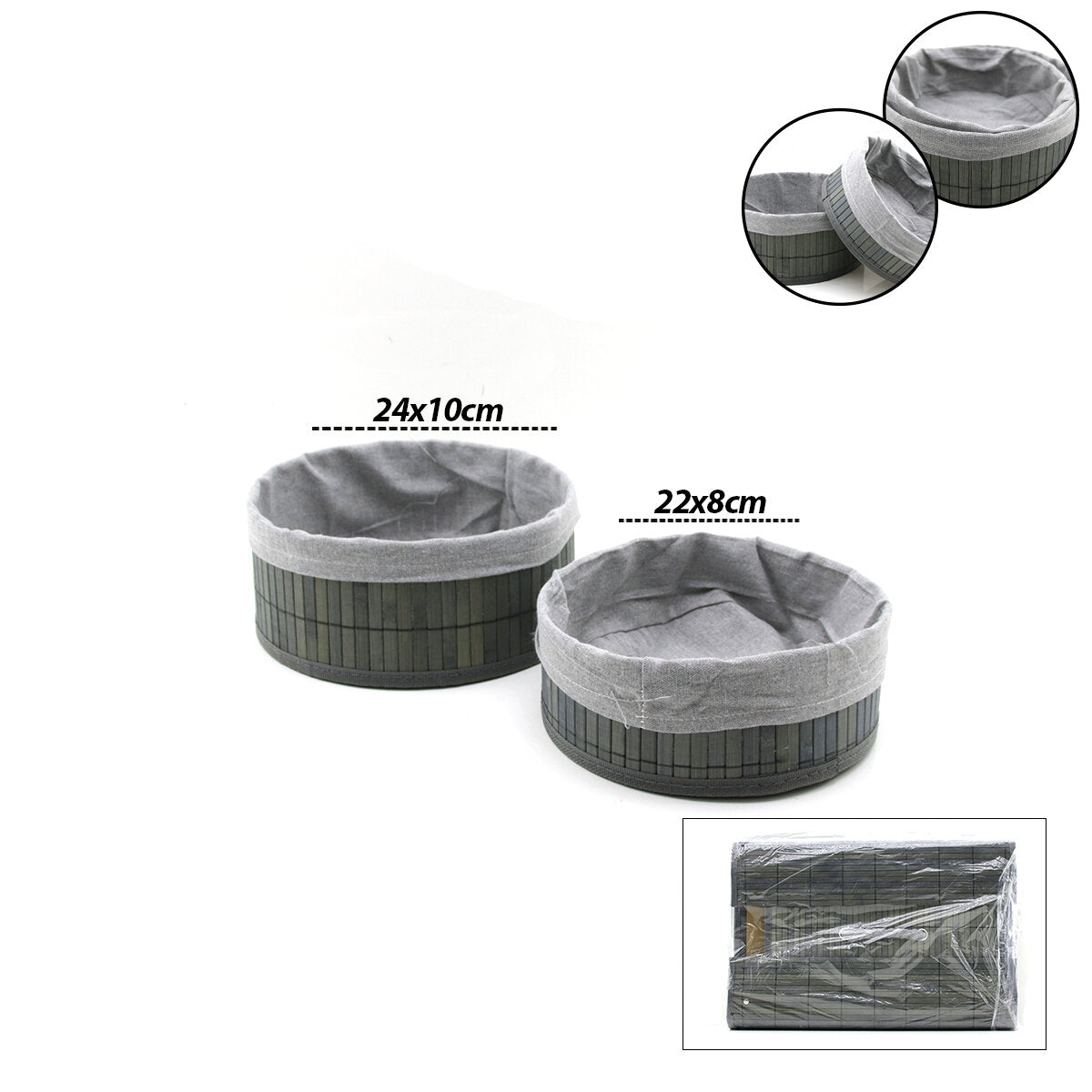 GRİ 2 BOY YUVARLAK BAMBU KENAR ORGANİZER SEPET AHŞAP ALTLIK - BEZLİ ÇAP=22X24CM (5643)
