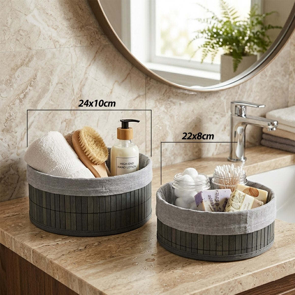 GRİ 2 BOY YUVARLAK BAMBU KENAR ORGANİZER SEPET AHŞAP ALTLIK - BEZLİ ÇAP=22X24CM (5643)