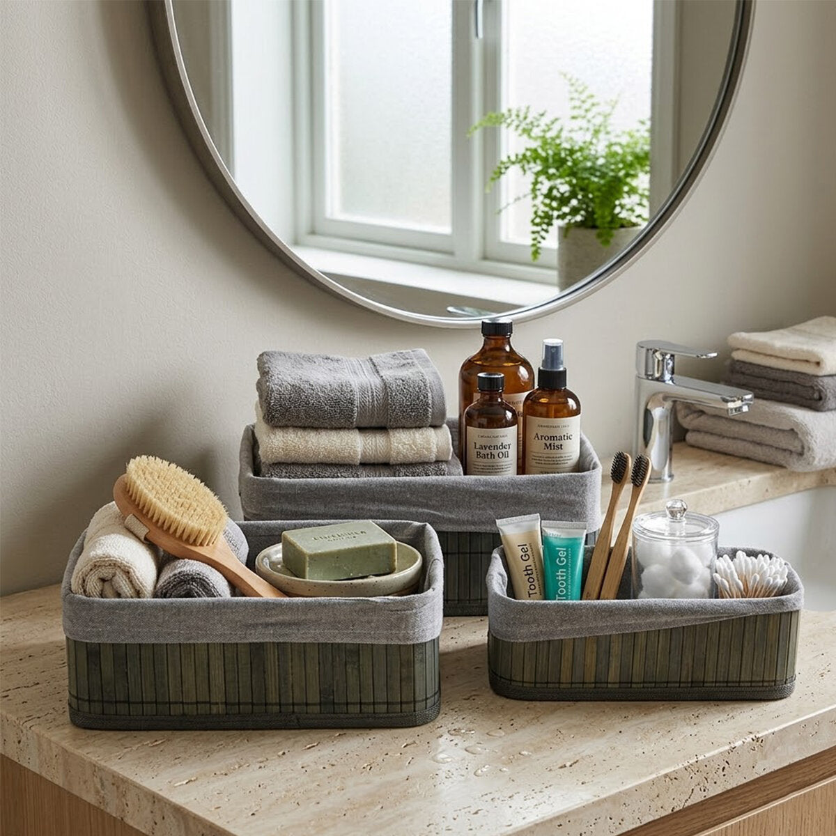 GRİ 3 BOY D.DÖRTGEN BAMBU KENAR ORGANİZER SEPET AHŞAP ALTLIK - BEZLİ 25X14-28X18-20X30CM (5643)