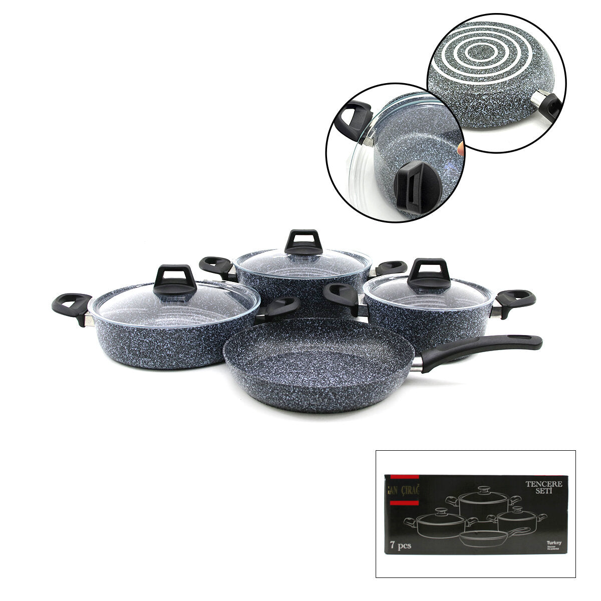 GRİ 7 PARÇA GRANİT TENCERE - TAVA SETİ 20-24CM DERİN - 27CM BASIK CAM KAPAK TENCERE - 26CM TAVA (5643)