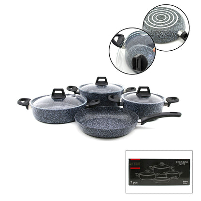 GRİ 7 PARÇA GRANİT TENCERE - TAVA SETİ 20-24CM DERİN - 27CM BASIK CAM KAPAK TENCERE - 26CM TAVA (5643)