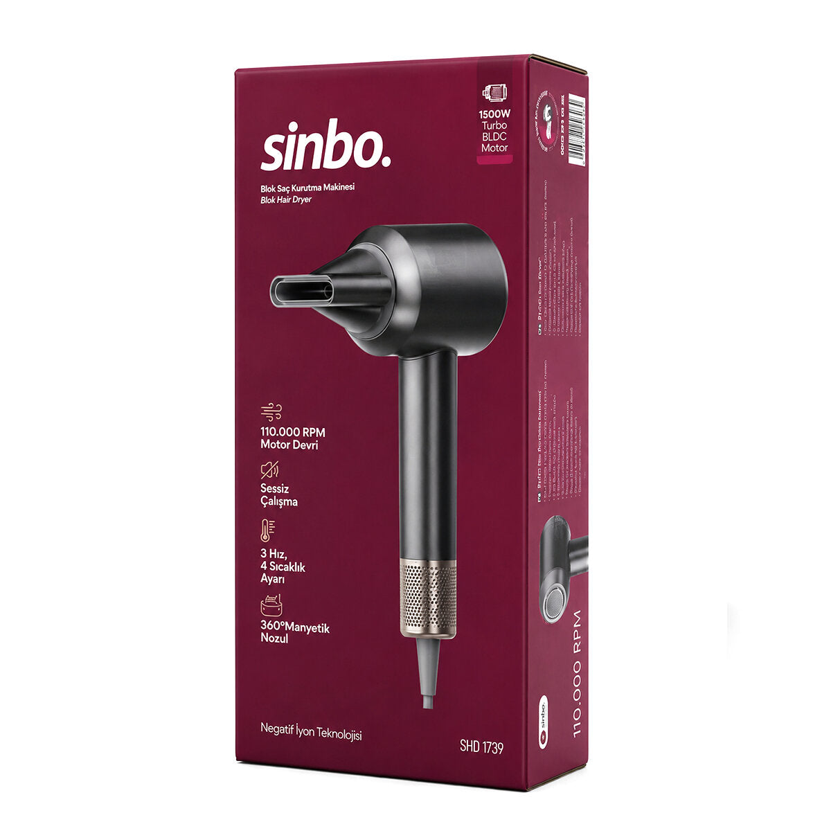 GRİ BLDC TURBO MOTOR SAÇ KURUTMA - ŞEKİL MAKİNESİ 1500W 3-KDM.HIZ 4-KDM.ISIAYAR=SICAK-ILIK-HAFİF-SOĞUK SHD-1739 (5643)
