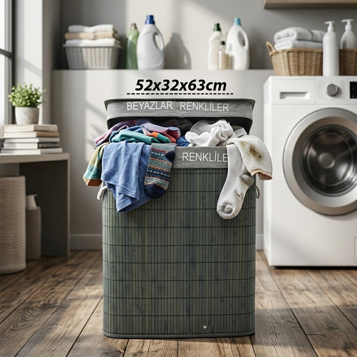 GRİ DİKDÖRTGEN 2 BÖLMELİ 52X32CM Y:63CM BAMBU AHŞAP KİRLİ ÇAMAŞIR SEPETİ KUMAŞ ÇANTALI İP KULP (5643)