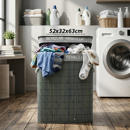 GRİ DİKDÖRTGEN 2 BÖLMELİ 52X32CM Y:63CM BAMBU AHŞAP KİRLİ ÇAMAŞIR SEPETİ KUMAŞ ÇANTALI İP KULP (5643)