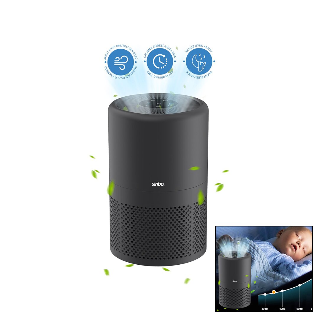 GRİ HAVA TEMİZLEME CİHAZI OTOMATİK FAN 3 KADEME FİLTRELEME LED AYDINLATMA SESSİZ UYKU MOD SAP-5507 (5643)
