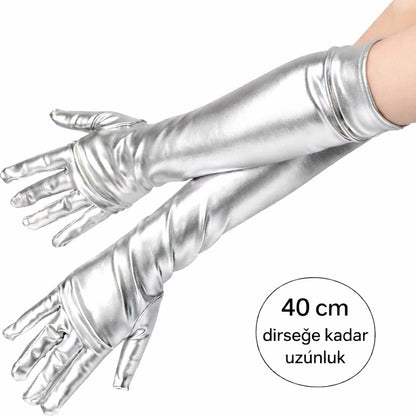 Gümüş Renk Dirsek Altı Lüks Saten Eldiven 40 cm (5643)