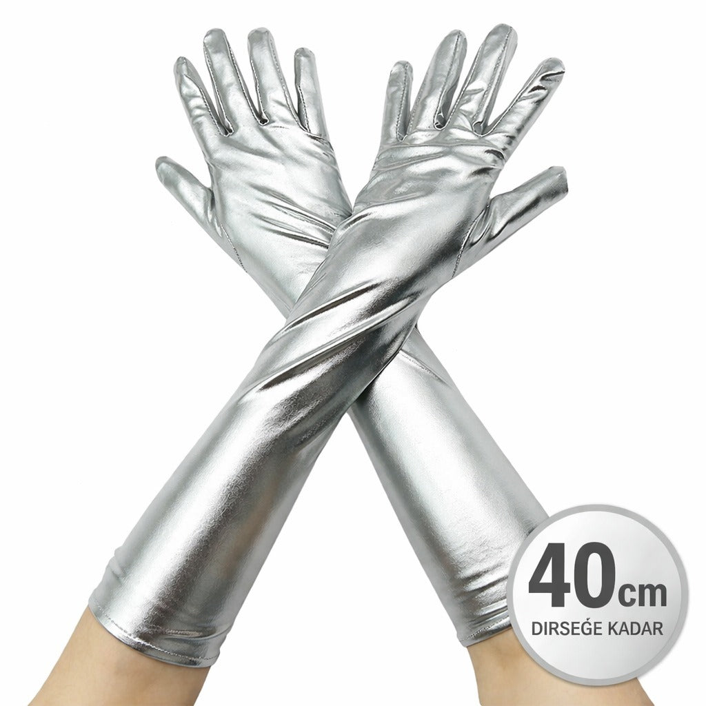 Gümüş Renk Dirsek Altı Lüks Saten Eldiven 40 cm (5643)
