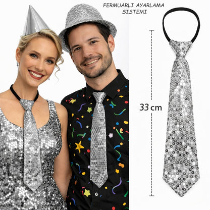 Gümüş Renk Pul Payetli Işıltılı Parti Kravatı 33 cm (5643)