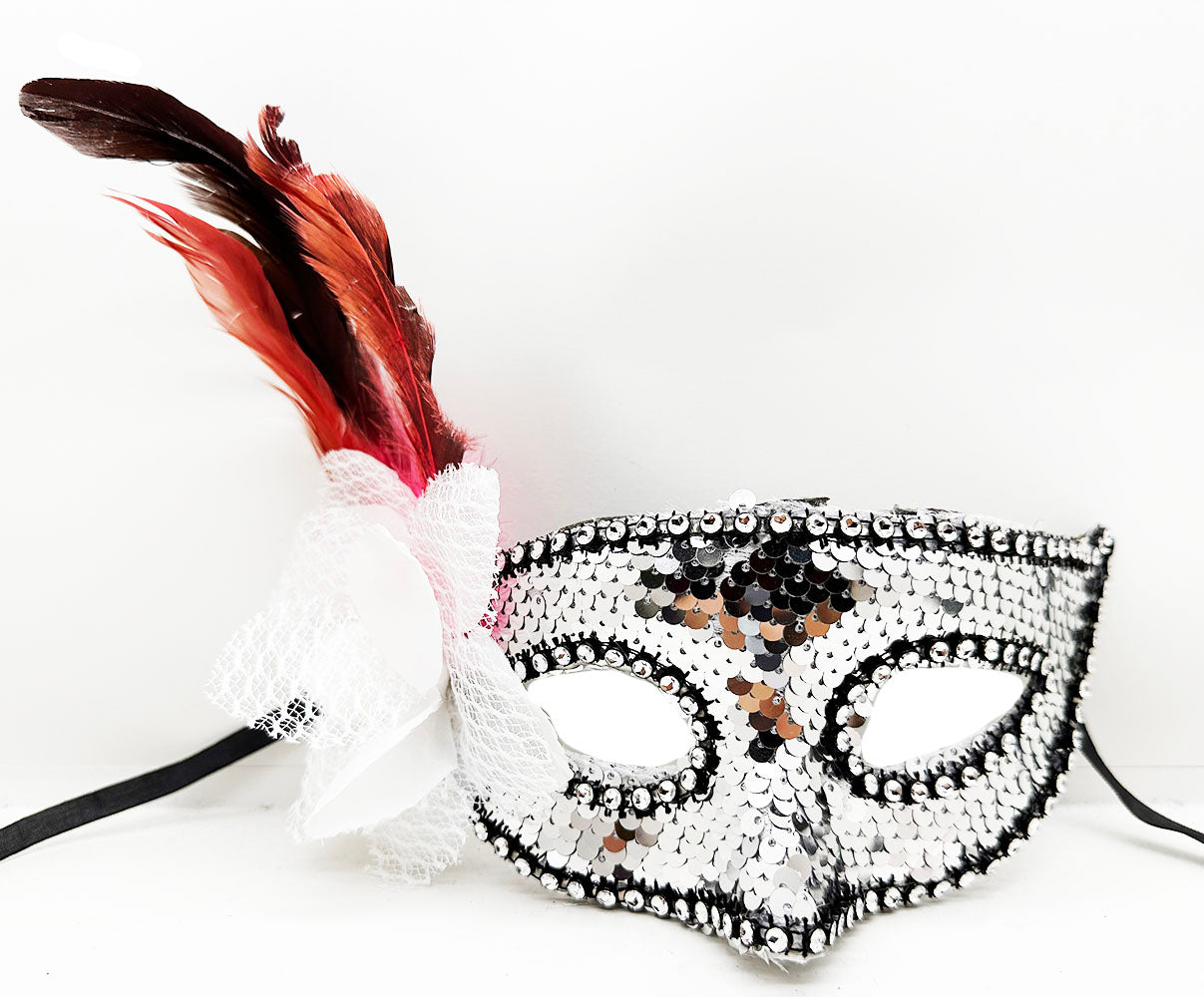 Gümüş Renk Yandan Tüylü Güllü Gümüş Taşlı Pullu Maske 20x22 cm (5643)