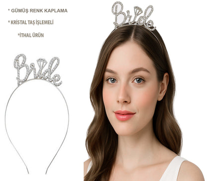 Gümüş Renkli Taşlı “Bride” Gelin Tacı – El Yazısı Yazı Tipiyle (5643)