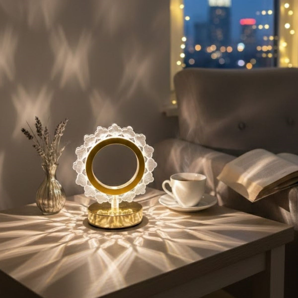 Güneş Şeklinde Kristal LED Masa Lambası – Dokunmatik, 3 Renk Işık Modlu, Şarjlı Mini Dekoratif Gece Lambası (5643)