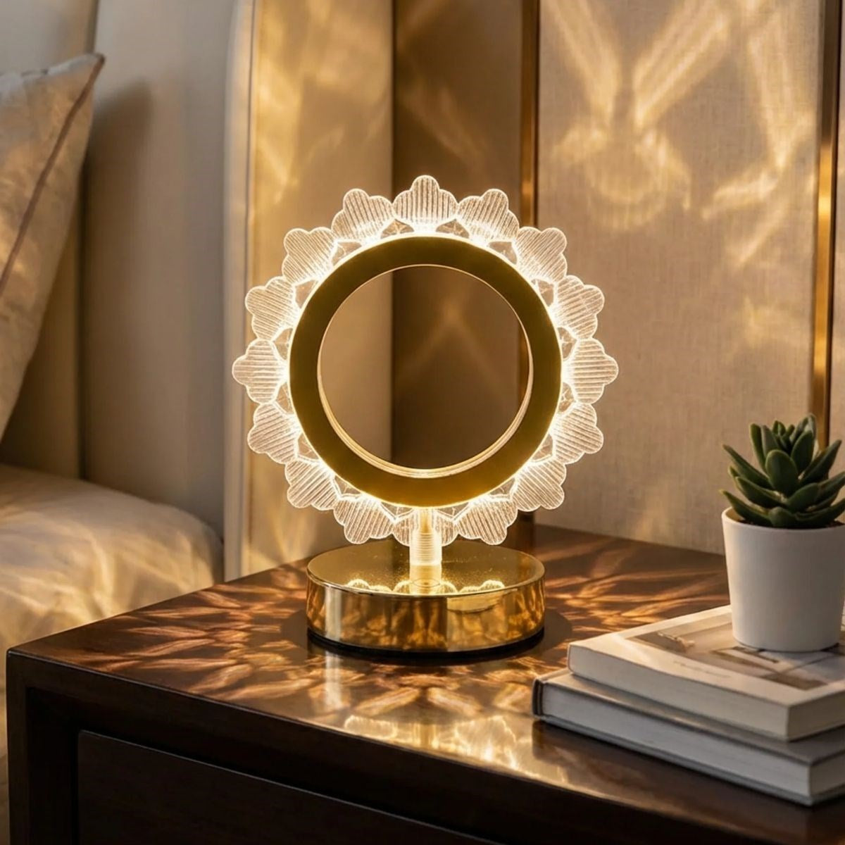 Güneş Şeklinde Kristal LED Masa Lambası – Dokunmatik, 3 Renk Işık Modlu, Şarjlı Mini Dekoratif Gece Lambası (5643)