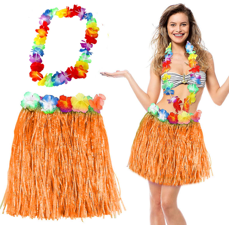Hawaii Luau Aloha Turuncu Püsküllü 40 cm Etek ve Hawaii Kolye Seti (5643)