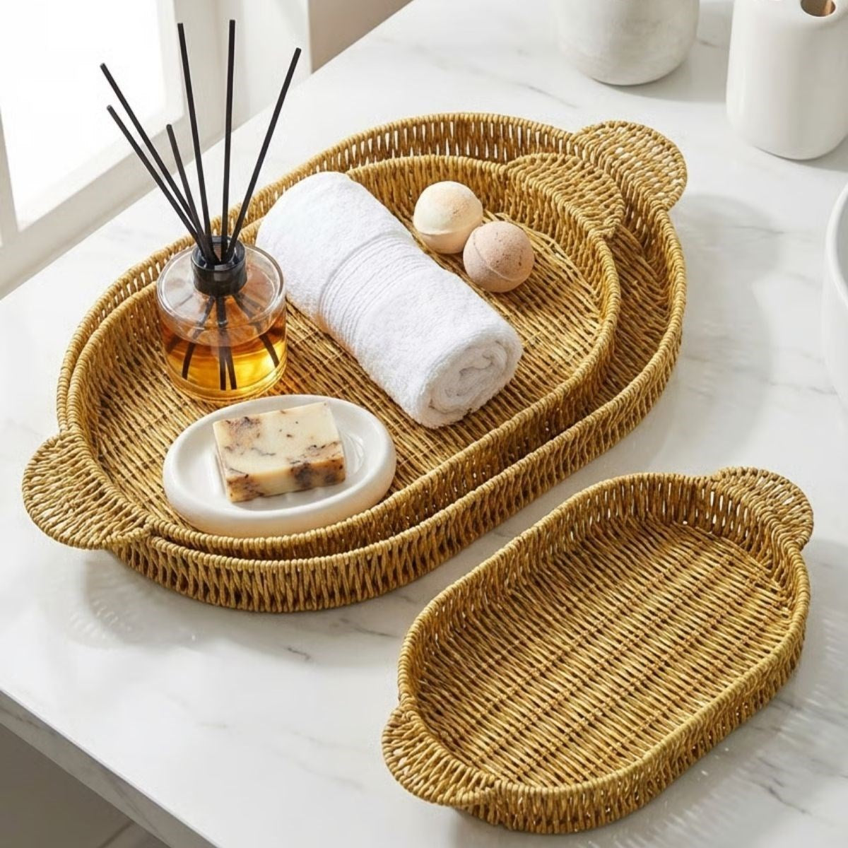 İç İçe Geçebilen 3’lü Oval Plastik Rattan Tepsi Seti–Hasır Görünümlü Çok Amaçlı Servis ve Sunum Tepsileri (5643)