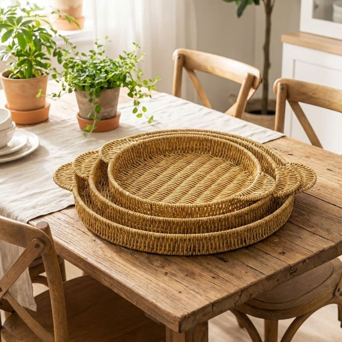 İç İçe Geçebilen 3’lü Yuvarlak Plastik Rattan Tepsi Seti–Hasır Görünümlü Çok Amaçlı Servis ve Sunum Tepsileri (5643)