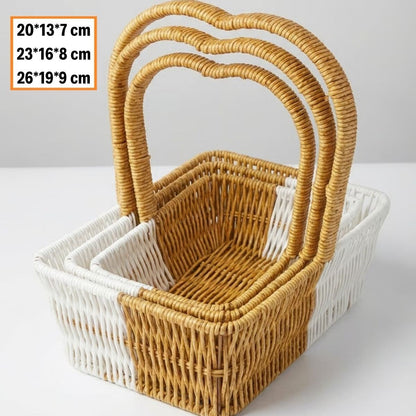 İç İçe Geçebilen 3’lü Çift Renkli Dikdörtgen Formlu Kalp Saplı Plastik Rattan Sepet Seti – Hasır Görünümlü Çok Amaçlı Organizerler (5643)