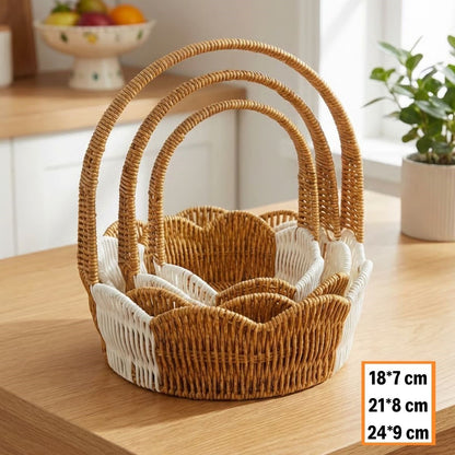 İç İçe Geçebilen 3’lü Çift Renkli Yuvarlak Dalgalı Formlu Saplı Plastik Rattan Sepet Seti – Hasır Görünümlü Çok Amaçlı Organizerler (5643)