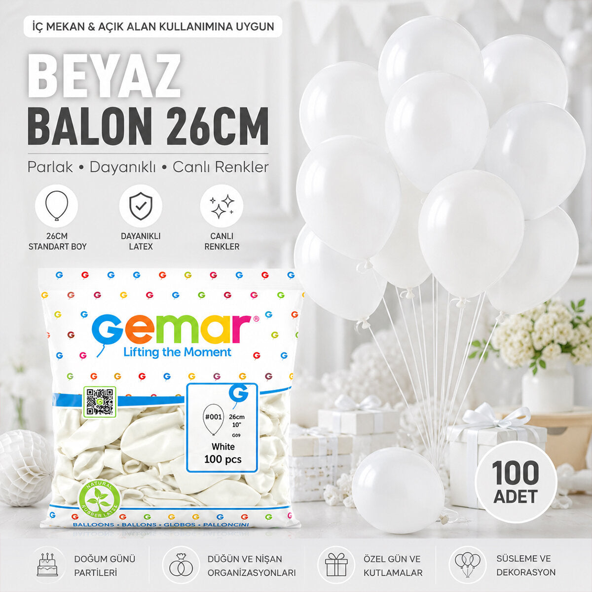 İÇ MEKAN - BEYAZ BALON 10 INC - 26CM - 100PCS (5643)