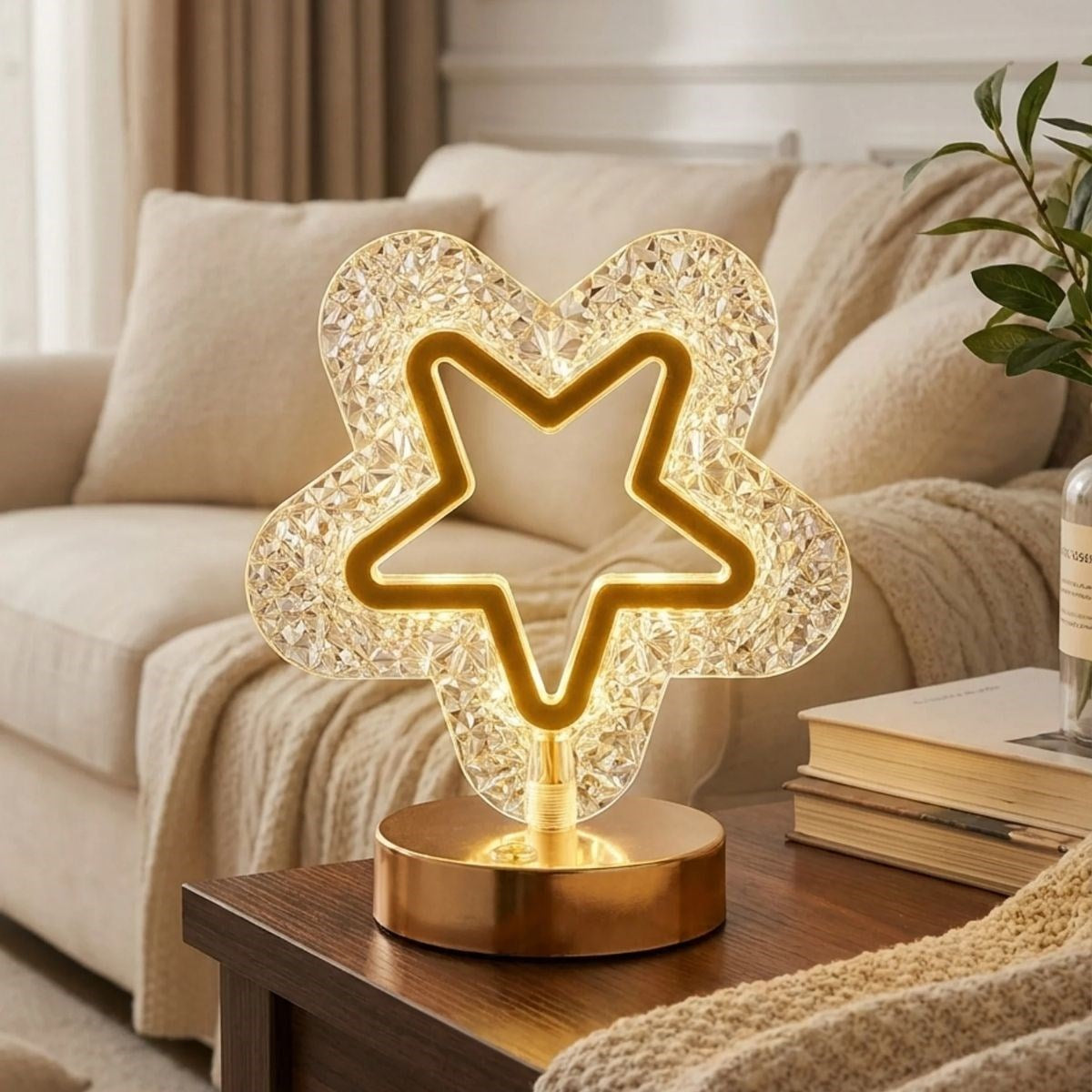 İçi Boş Yıldız Şeklinde Kristal LED Masa Lambası – Dokunmatik, 3 Renk Işık Modlu, Şarjlı Mini Dekoratif Gece Lambası (5643)