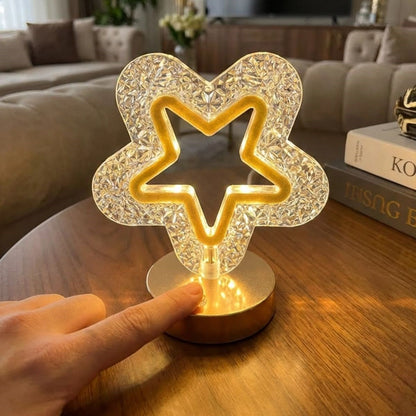 İçi Boş Yıldız Şeklinde Kristal LED Masa Lambası – Dokunmatik, 3 Renk Işık Modlu, Şarjlı Mini Dekoratif Gece Lambası (5643)
