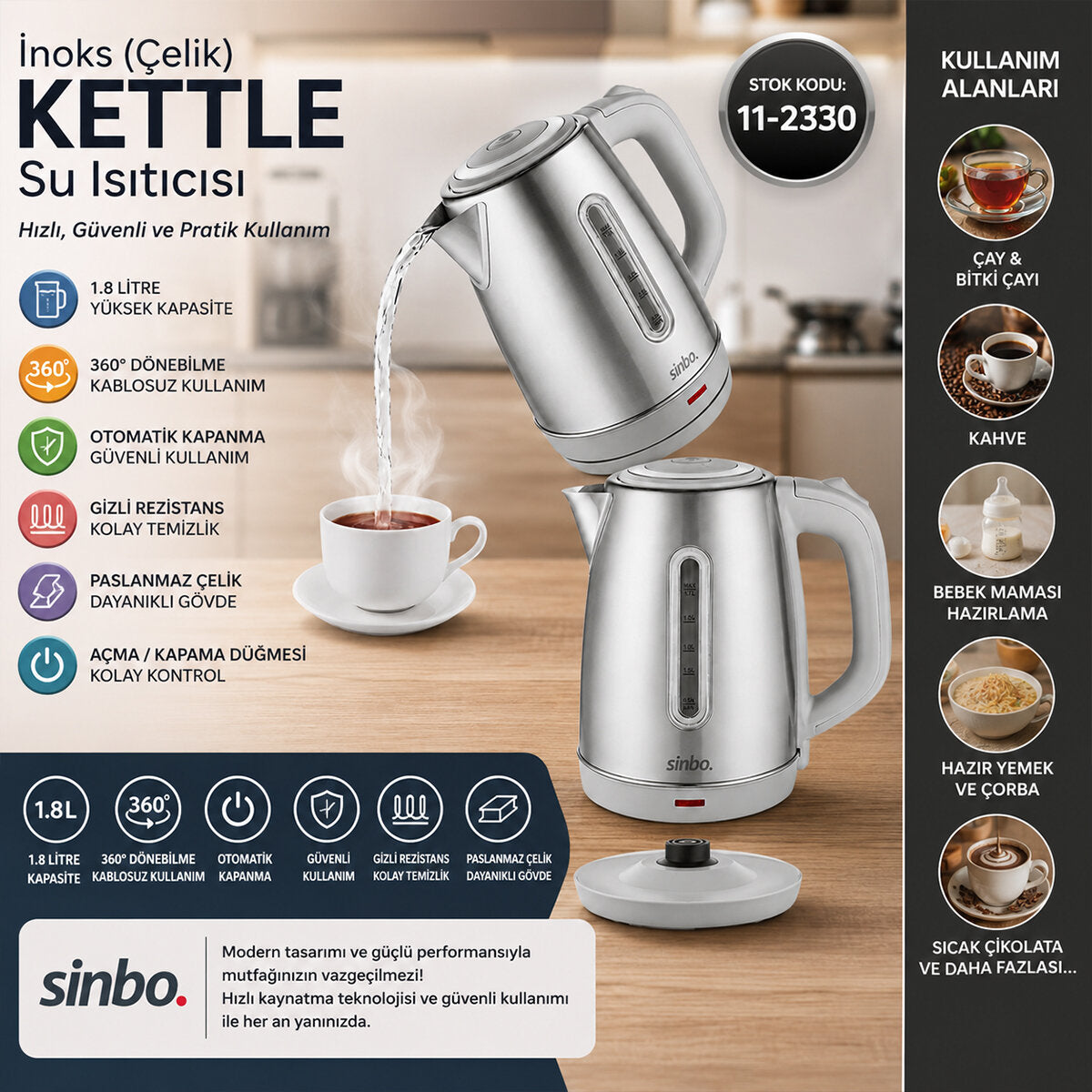 İNOKS ÇELİK KETTLE SU ISITICISI KABLOSUZ KULLANIM 1.8LT 360° DÖNEBİLME OTOMATİK KAPANMA SK-8031 (5643)