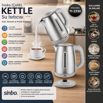 İNOKS ÇELİK KETTLE SU ISITICISI KABLOSUZ KULLANIM 1.8LT 360° DÖNEBİLME OTOMATİK KAPANMA SK-8031 (5643)