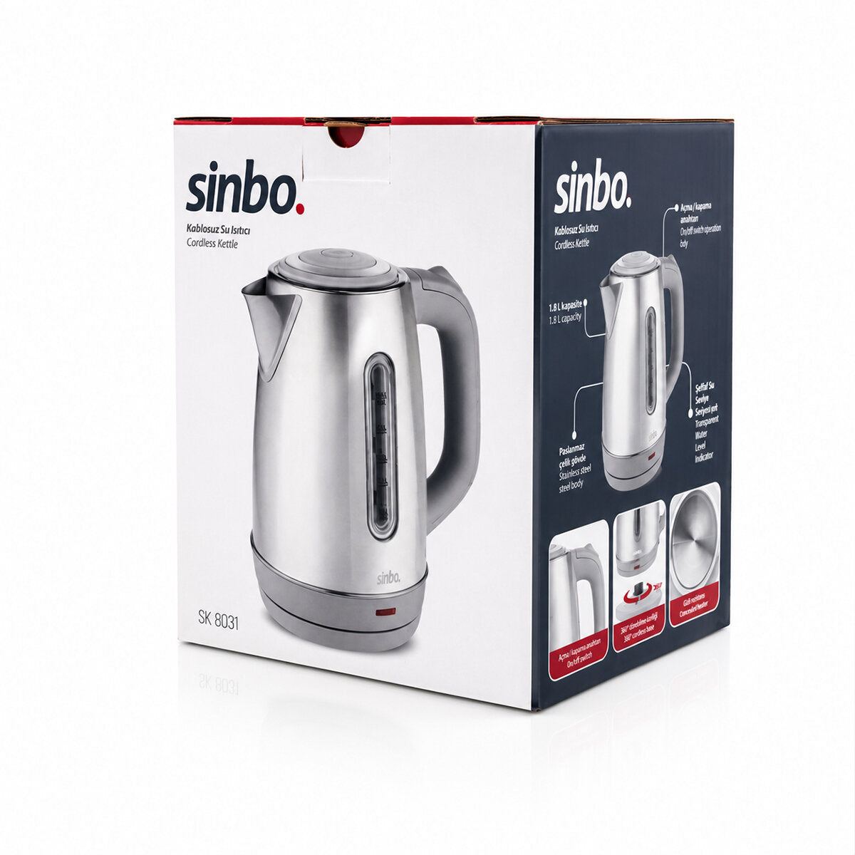 İNOKS ÇELİK KETTLE SU ISITICISI KABLOSUZ KULLANIM 1.8LT 360° DÖNEBİLME OTOMATİK KAPANMA SK-8031 (5643)