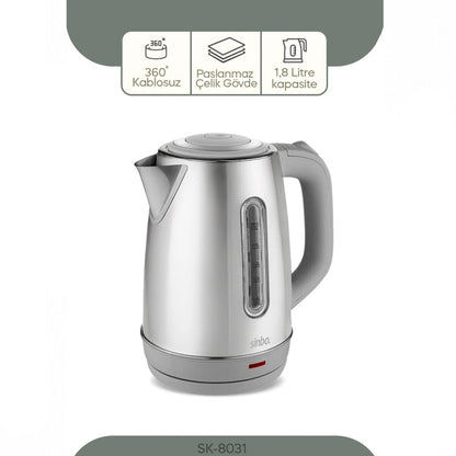 İNOKS ÇELİK KETTLE SU ISITICISI KABLOSUZ KULLANIM 1.8LT 360° DÖNEBİLME OTOMATİK KAPANMA SK-8031 (5643)