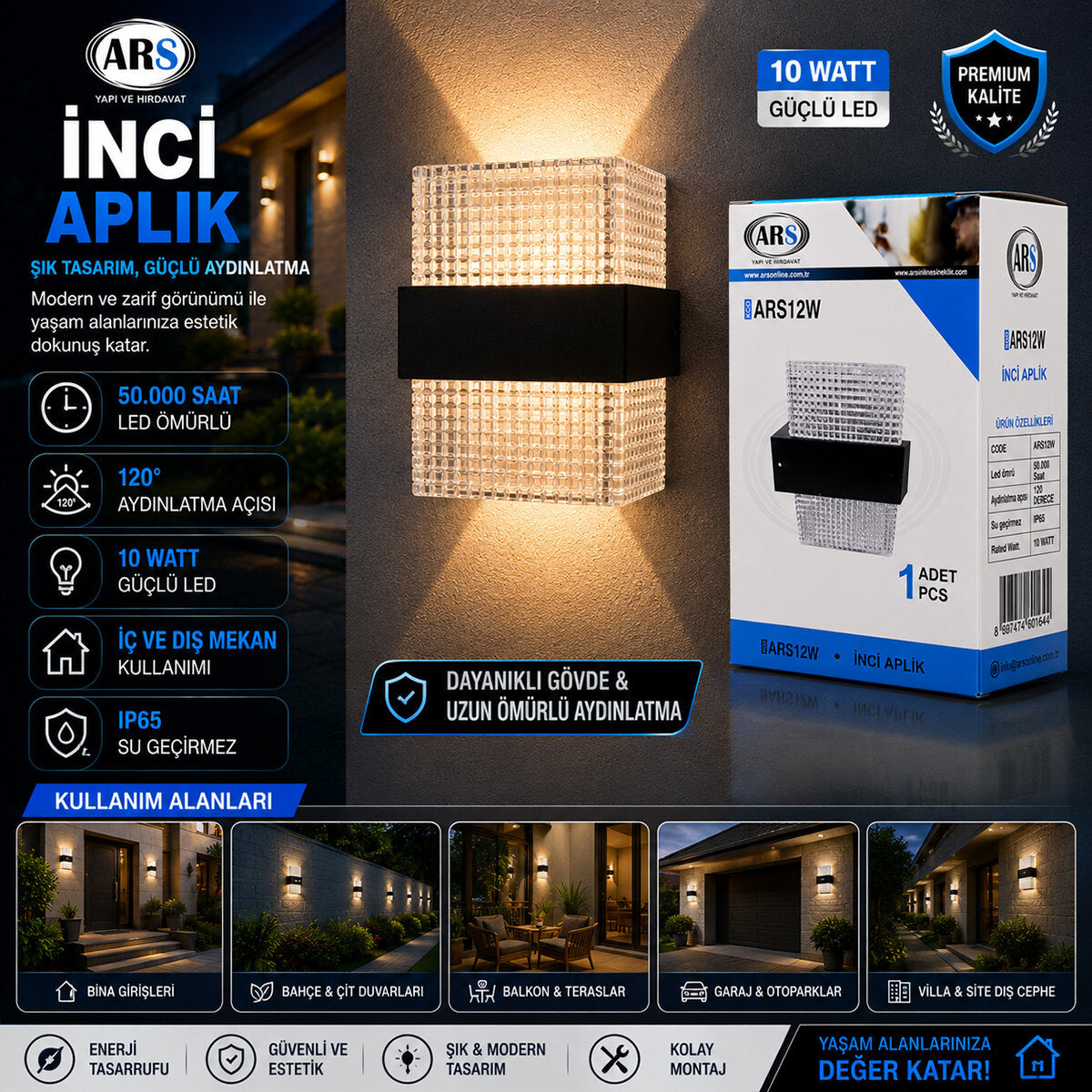 IP66 50.000 SAAT LED ÖMRÜ 10W İNCİ LED APLİK DUVAR LAMBASI ARS-348956 (5643)