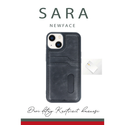 İphone 14 Kılıf Sara Kartvizitli Deri Kılıf - Lacivert