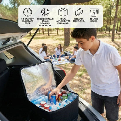 Isı Koruyucu Termal Taşıma Çantası 32 Litre – Araç Bagaj Organizeri, Termos, Katlanabilir Keçe Saklama Çantası 37x27x25 cm (5643)