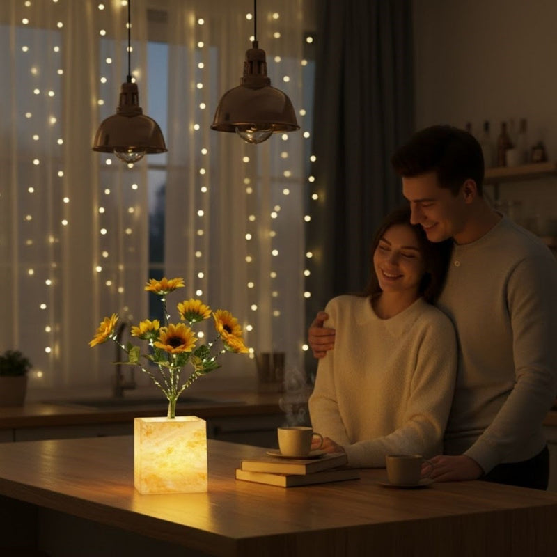 Işıklı Yapay Çiçek – Sarı Saksılı LED Dekoratif Bitki, Masaüstü ve Ev Ofis Aydınlatmalı Süs Bitkisi (5643)