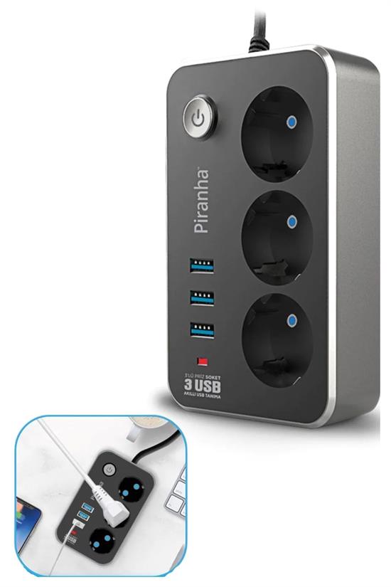 Isıya Dayanıklı Termal Akım Korumalı 2 Mt 10A 2500W 3lü Priz ve 3 Usbi 2.1A Uzatma Kablosu (5643)