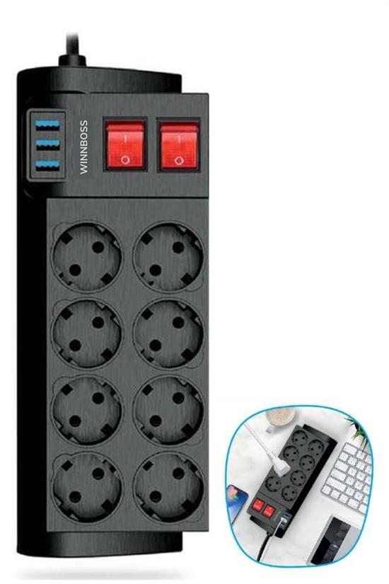 Isıya Dayanıklı Termal Akım Korumalı 2 Metre 16A 4000W 8li Priz ve 3 Usb Li Uzatma Kablosu (5643)