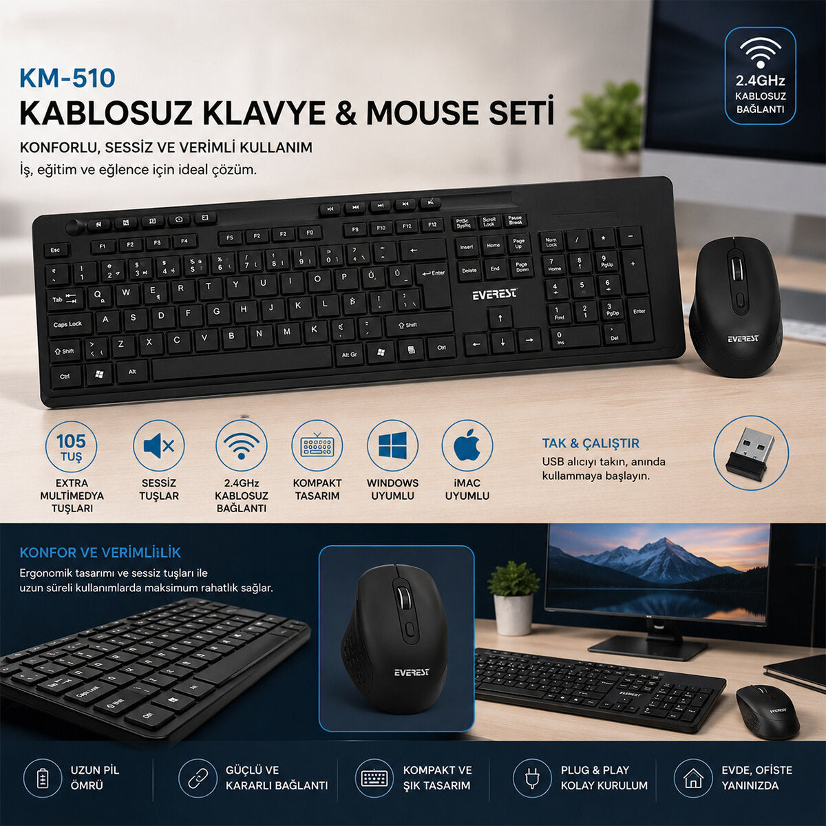 KABLOSUZ MULTİMEDİA KLAVYE - MOUSE SETİ SİYAH Q KLAVYE KM-510 (5643)
