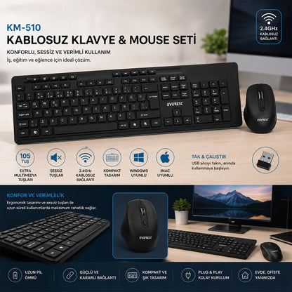 KABLOSUZ MULTİMEDİA KLAVYE - MOUSE SETİ SİYAH Q KLAVYE KM-510 (5643)