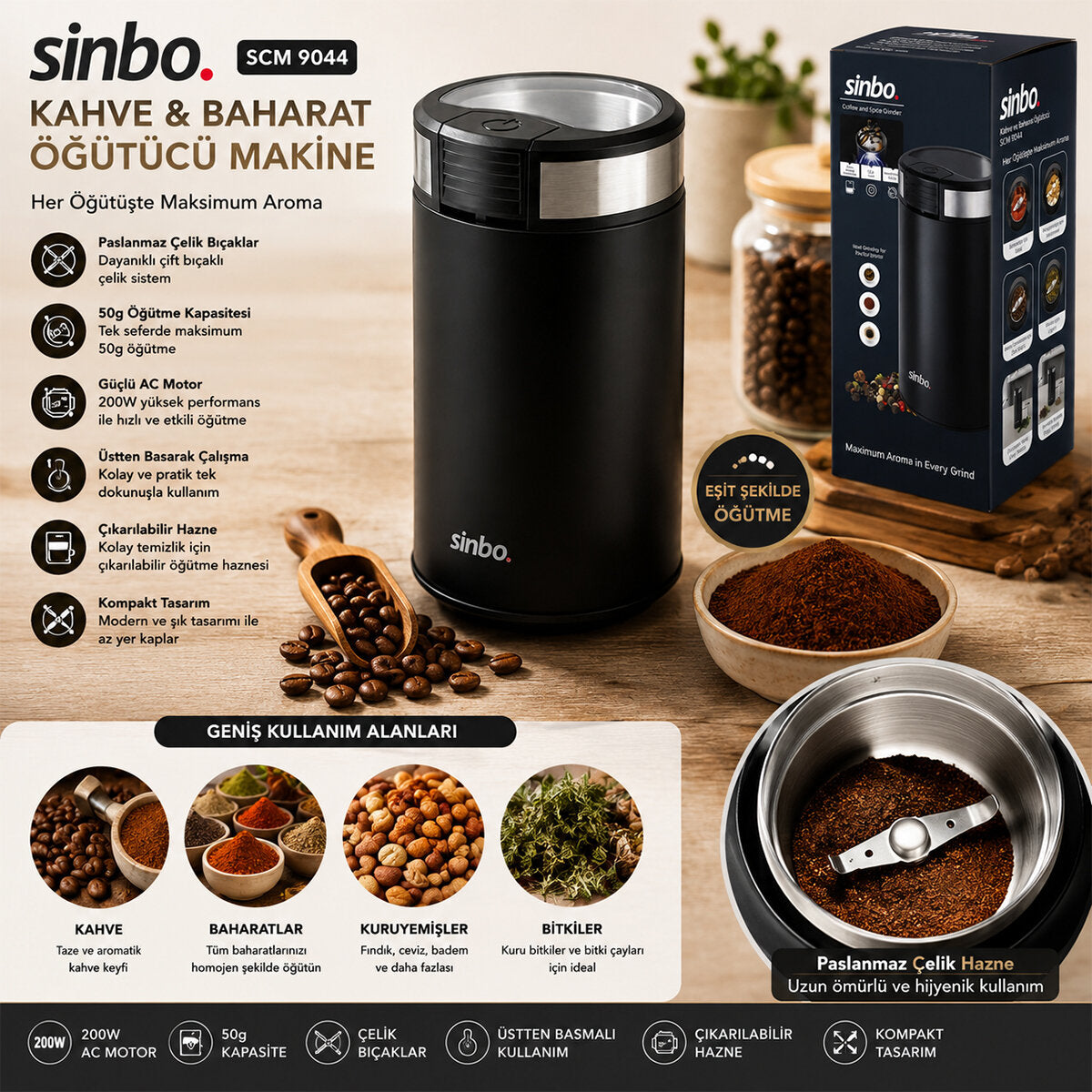 KAHVE - BAHARAT ÖĞÜTÜCÜ MAKİNE 2 BIÇAKLI ÇELİK ÖĞÜTME HAZNESİ 50GR ÖĞÜTME AC MOTOR=200W SCM-9044 (5643)