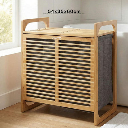 KALIN AHŞAP BAMBU 2 BÖLMELİ KİRLİ ÇAMAŞIR SEPETİ KUMAŞ ÇANTALI SEPET=54X35X60CM (5643)