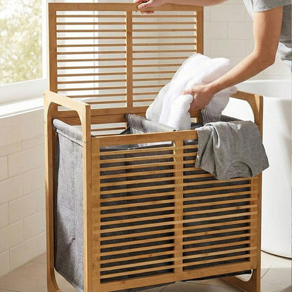 KALIN AHŞAP BAMBU 2 BÖLMELİ KİRLİ ÇAMAŞIR SEPETİ KUMAŞ ÇANTALI SEPET=54X35X60CM (5643)