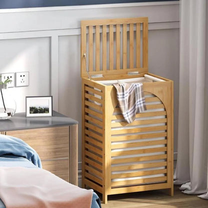 KALIN AHŞAP BAMBU KİRLİ ÇAMAŞIR SEPETİ KUMAŞ ÇANTALI SEPET=43X33X67CM (5643)