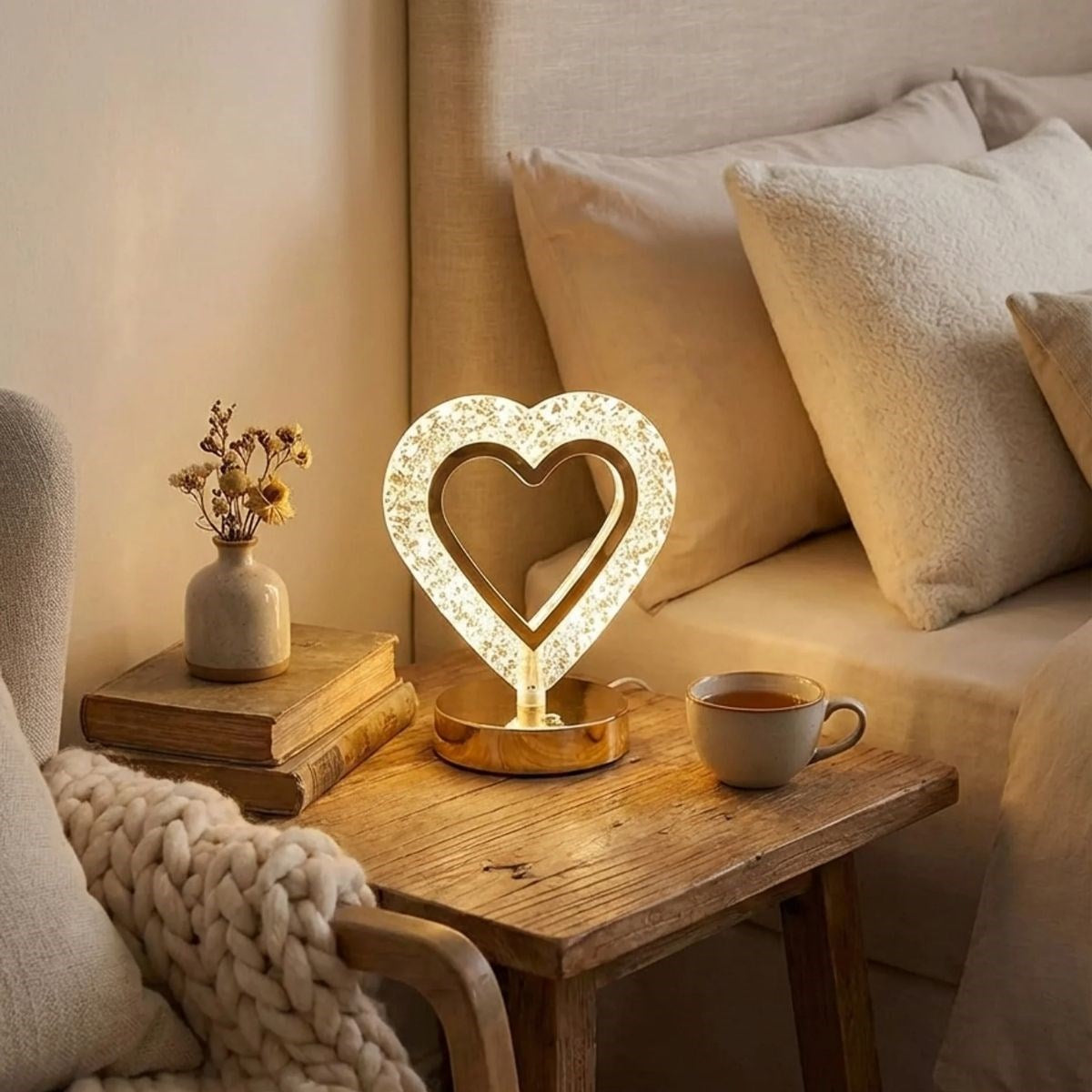 Kalp Şeklinde Kristal LED Masa Lambası – Dokunmatik, 3 Renk Işık Modlu, Şarjlı Mini Dekoratif Gece Lambası (5643)