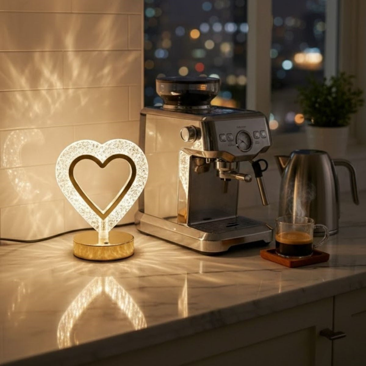 Kalp Şeklinde Kristal LED Masa Lambası – Dokunmatik, 3 Renk Işık Modlu, Şarjlı Mini Dekoratif Gece Lambası (5643)