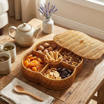 Kapaklı 5 Bölmeli Plastik Rattan Organizer Kutu – Hasır Desenli Çok Amaçlı Saklama ve Sunum Sepeti Çerezlik (5643)