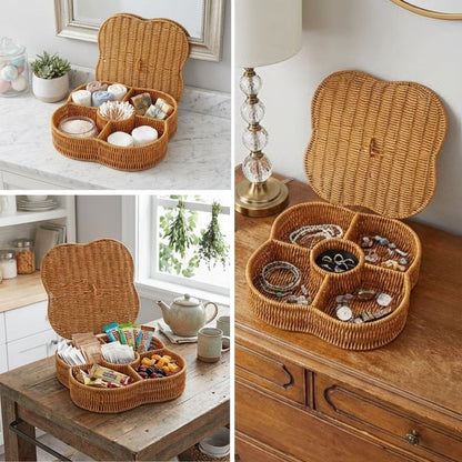 Kapaklı 5 Bölmeli Plastik Rattan Organizer Kutu – Hasır Desenli Çok Amaçlı Saklama ve Sunum Sepeti Çerezlik (5643)