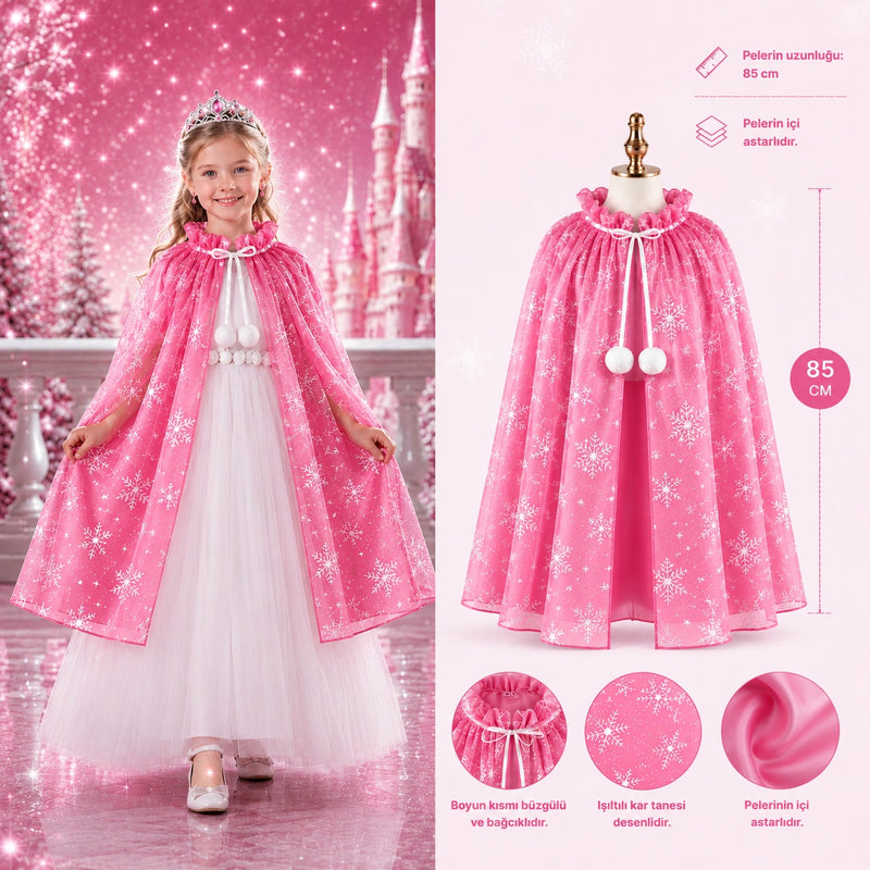 Kar Tanesi Desenli Pembe Elsa Pelerini - Astarlı Frozen Pelerini 85 cm (5643)