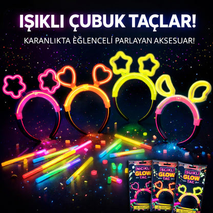 Karanlıkta Parlayan Glow Taç Seti 12 Adet – Yıldız Kalp Ay Çiçek (Her Model 3 Adet) (5643)
